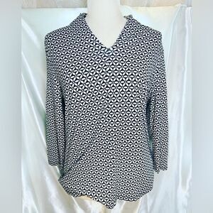 Talbots Long Sleeve Geometric Floral SZ L Blouse Top Black White Office Career